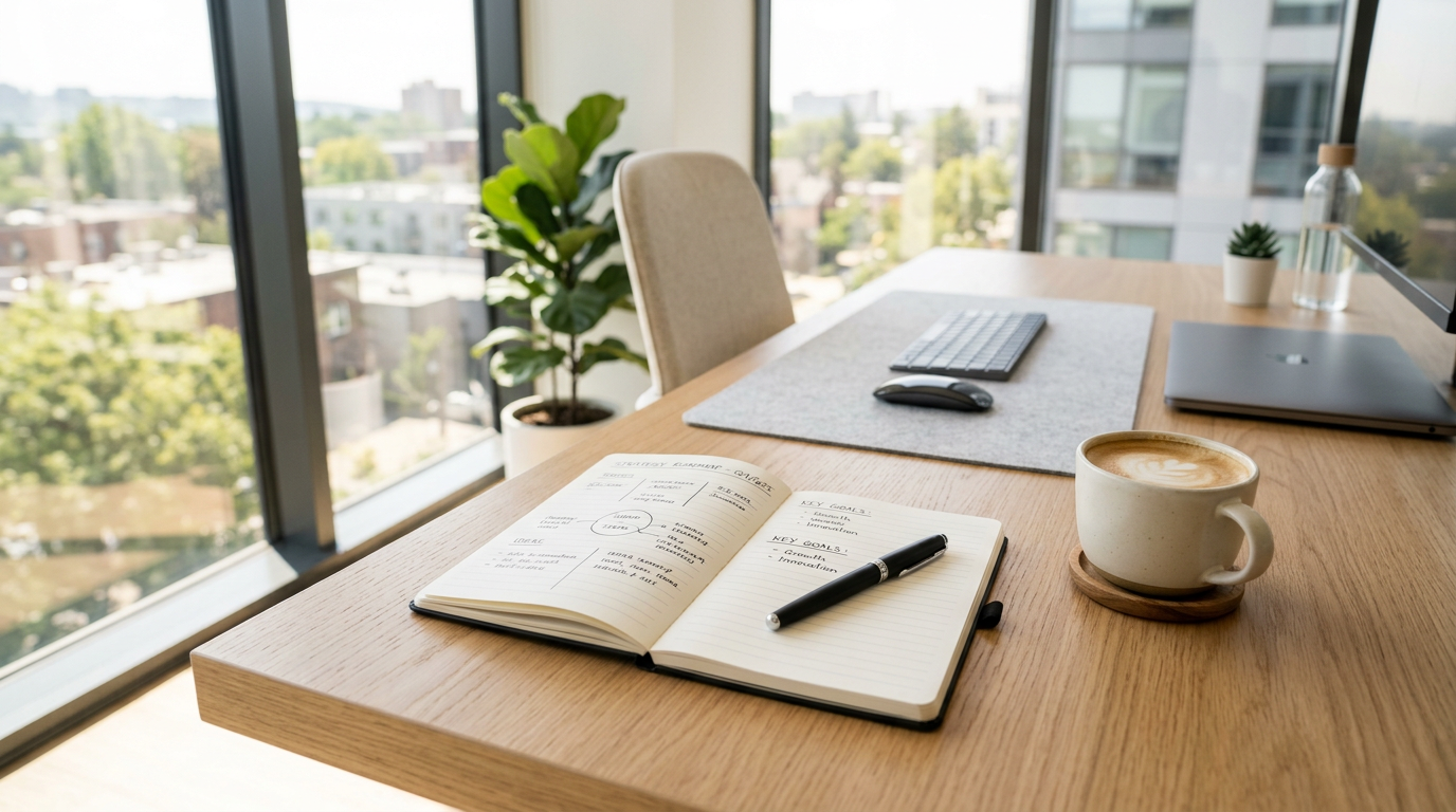 Clean strategy workspace with sunlight and planning notebook
