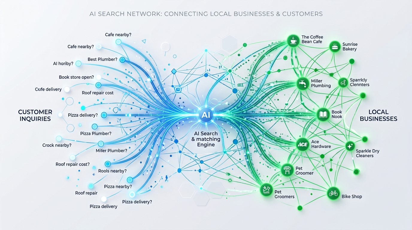 Abstract network representing how clear business signals connect to customer search and AI discovery